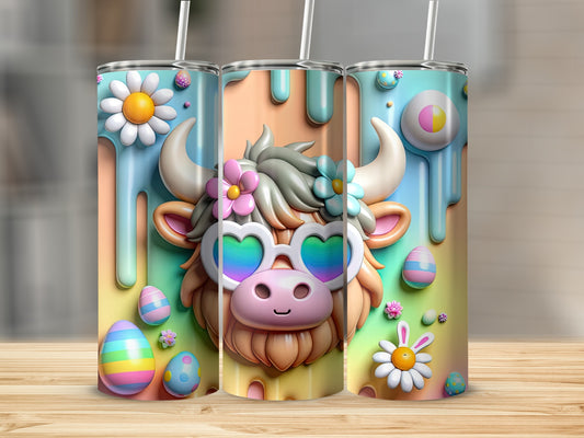 Easter cow with heart sunglasses and painted eggs on a tumbler.