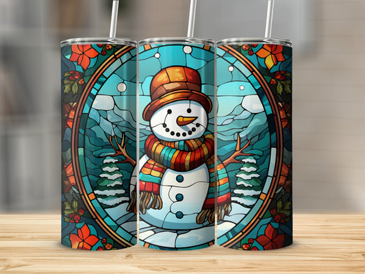 Stained glass tumbler with snowman, scarf, hat, and winter scene.
