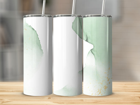Three tumblers with a white and green watercolor design with gold accents.