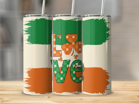 "LOVE" text with shamrocks and Irish flag colors on three tumblers.