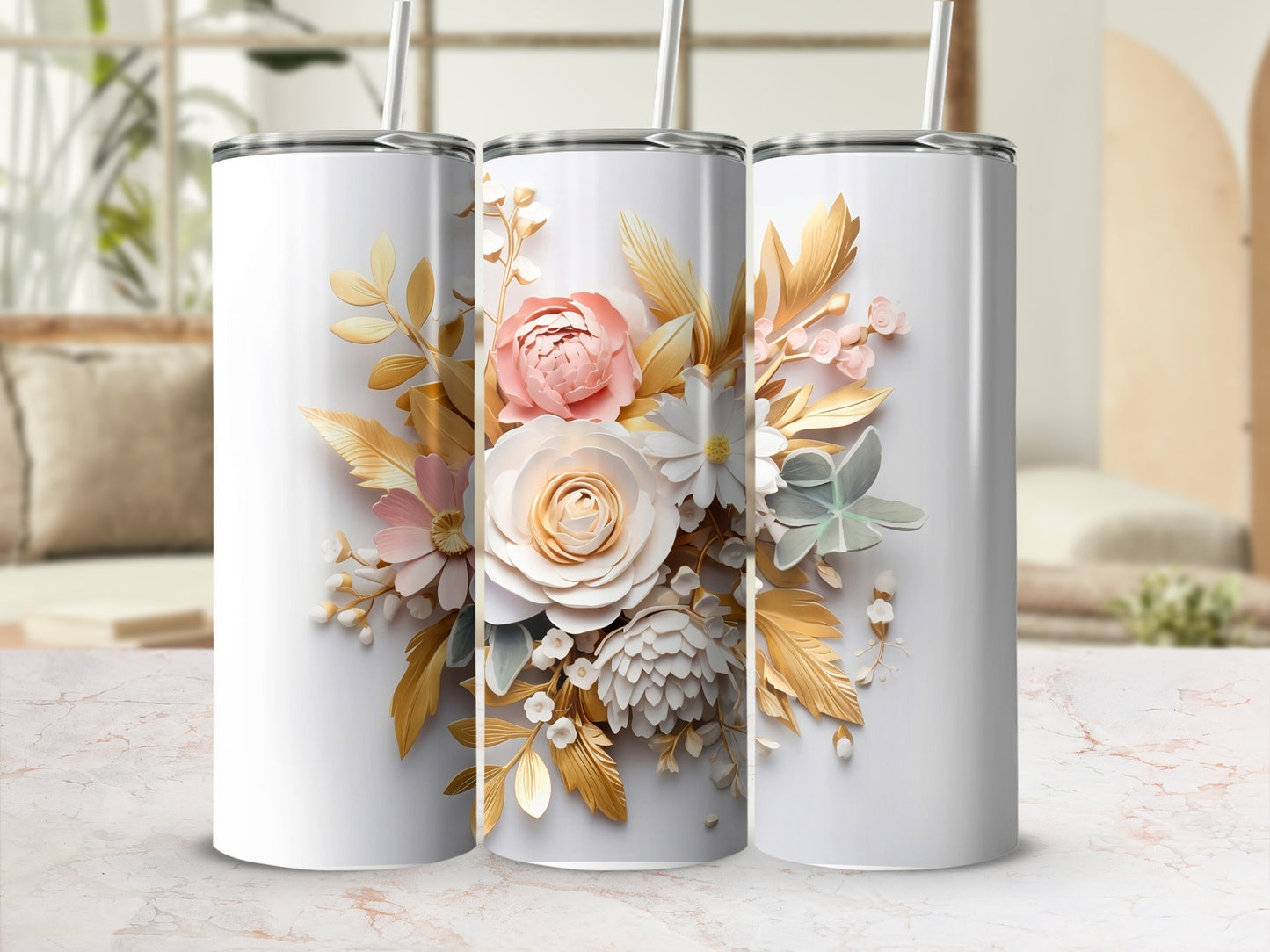 Elegant Floral Tumbler with 3D Flower Artwork Tumbler