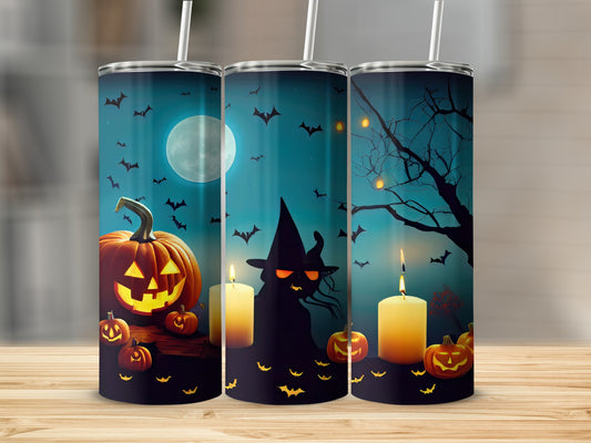 Halloween tumblers with pumpkins, bats, a witch silhouette, and glowing candles.
