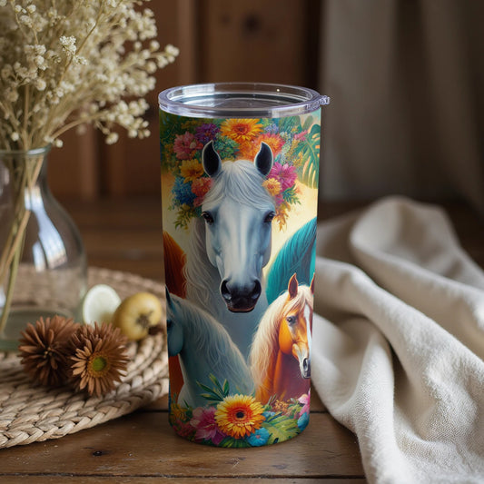 Vivid Horse Art Travel Tumbler with Colorful Floral Design