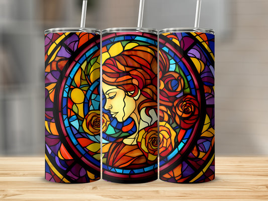 Triptych of tumblers featuring stained glass portrait of a woman with roses.
