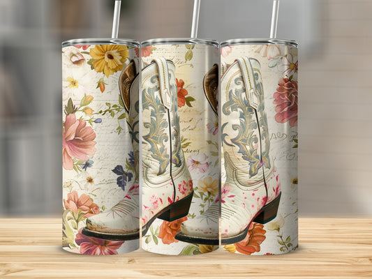 White cowboy boots with floral Western design on three tumblers.