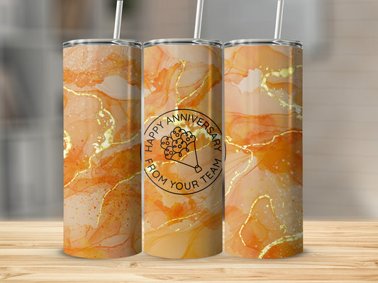 Orange marble tumbler with "Happy Anniversary From Your Team" text.