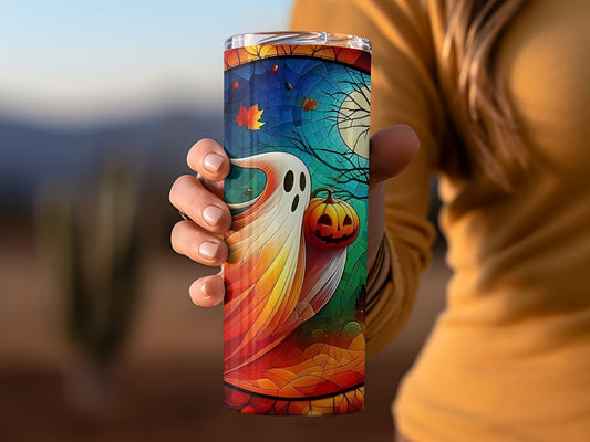 Colorful Halloween Themed Ghost and Pumpkin Tumbler