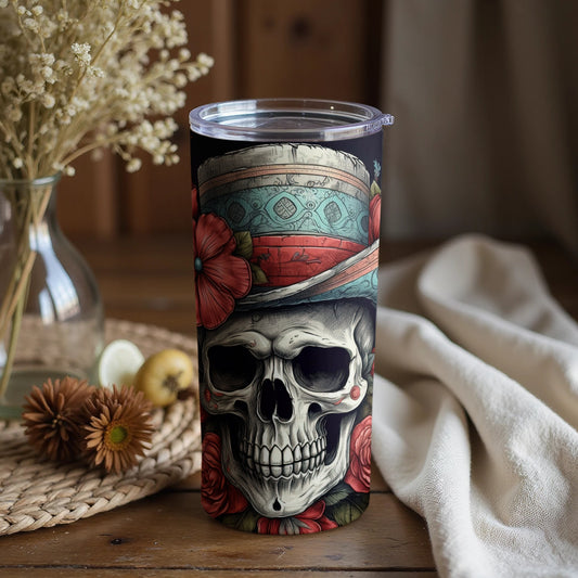 Day of the Dead Skull Art Tumbler with Floral Design