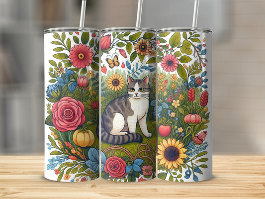 Tabby cat sitting in a field of flowers and pumpkins, on a white tumbler.