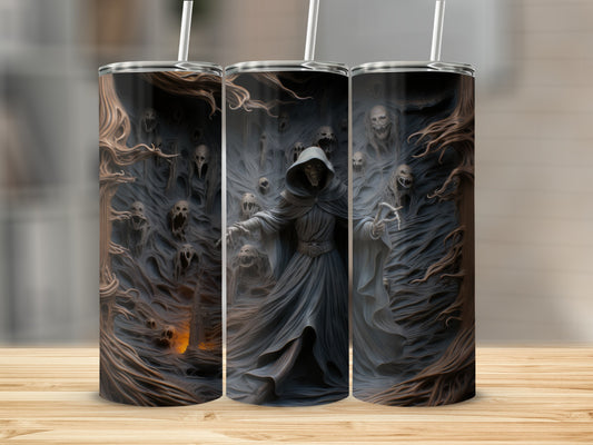 Grim reaper figure surrounded by haunting skulls and twisted branches on tumblers.