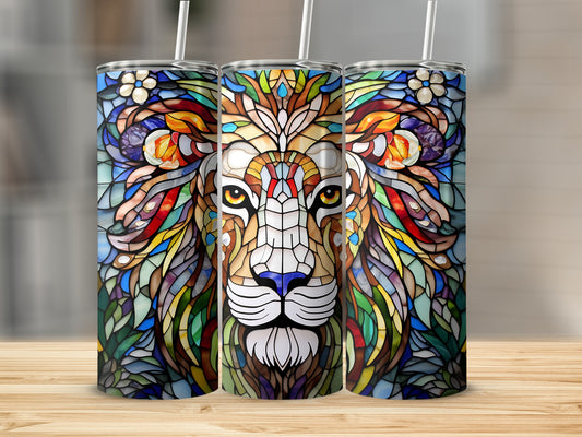 Stained glass lion face design on three tumblers.