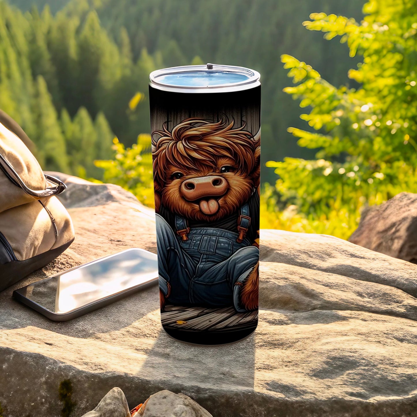 Highland Cow in Overalls Design Travel Tumbler