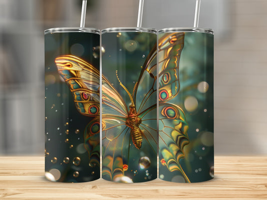 Three tumblers feature a shimmering butterfly with ornate wings and bokeh background.