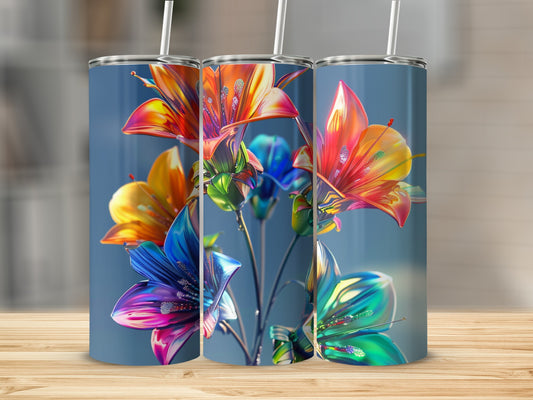 Three vibrant, colorful lily-like flowers with stems on a blue background.