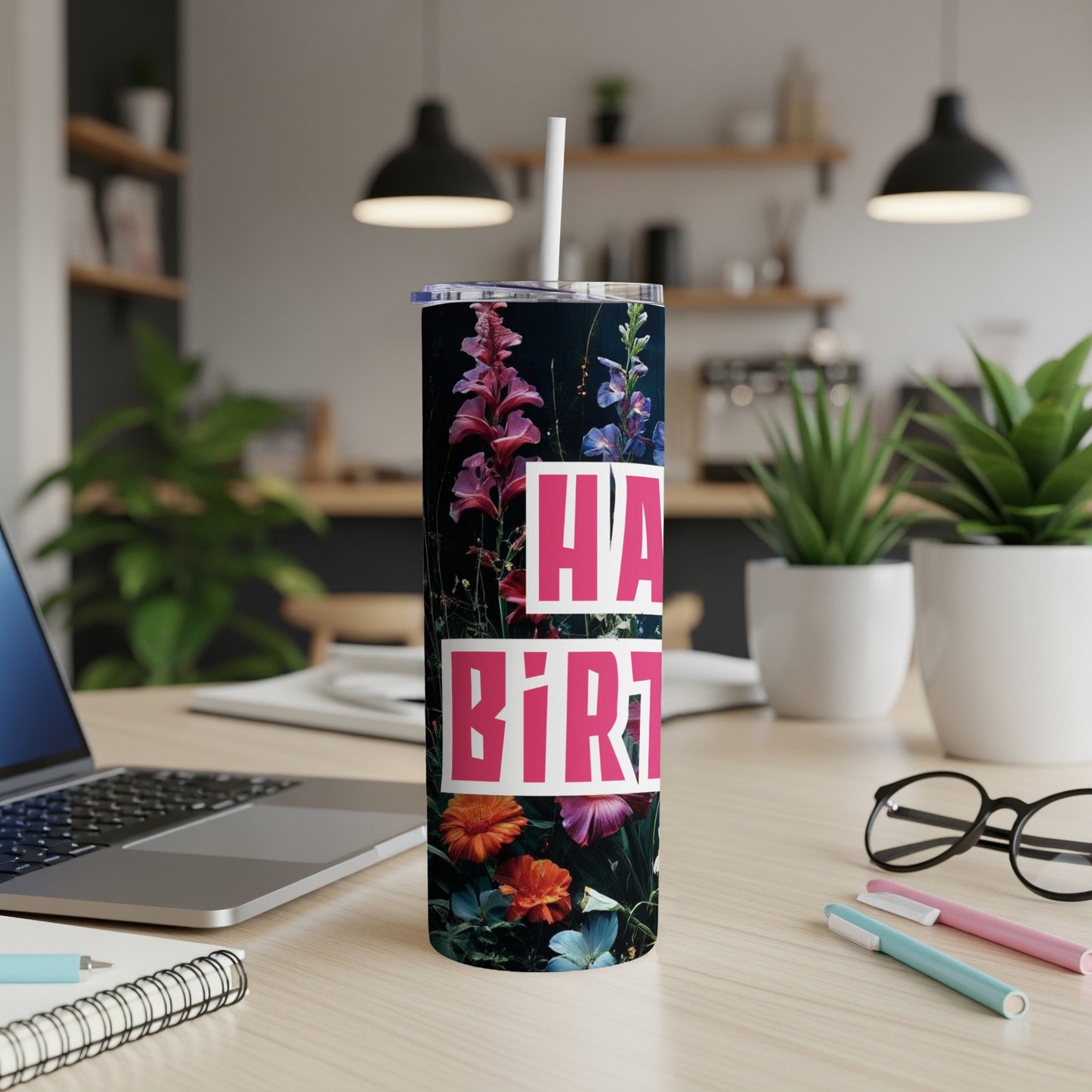Floral birthday tumbler with pink "Happy Birthday" text.