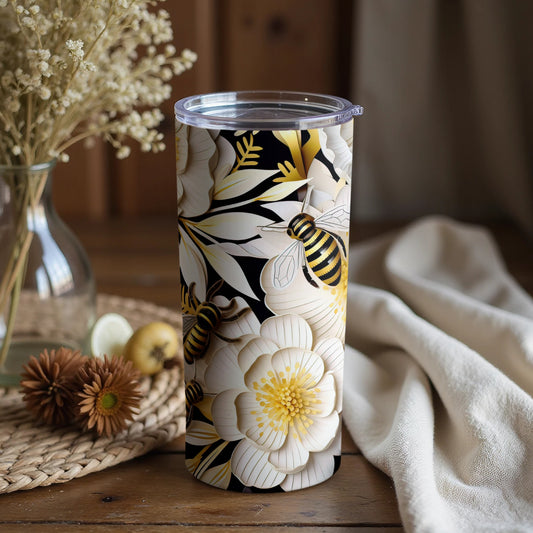 Elegant Floral and Bee Themed Decorated Tumbler