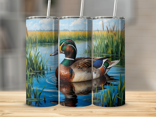 Mallard duck swimming in water with tall grass and a blue sky.