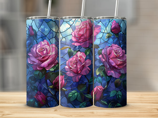 Three tumblers with pink roses and stained glass design.