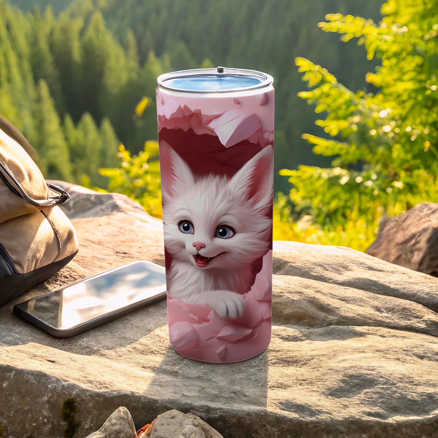 Cute White Kitten Tumbler with Pink Background Design