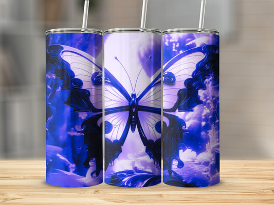 Three tumblers featuring a purple butterfly design on a wooden surface.