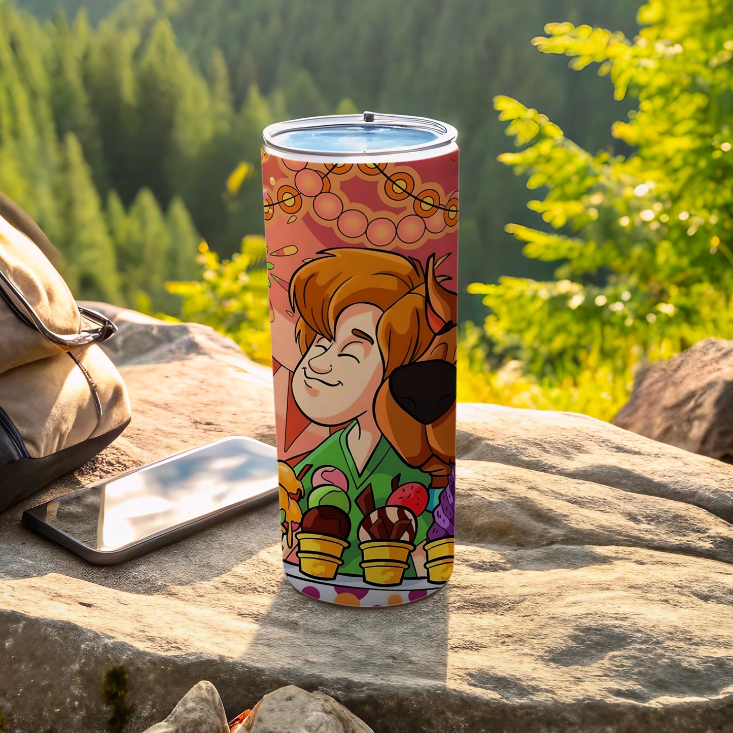 Scooby-Doo and Shaggy with ice cream cones on a travel tumbler.