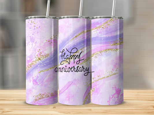 Pink and purple watercolor tumbler with "Happy Anniversary" text and gold glitter.