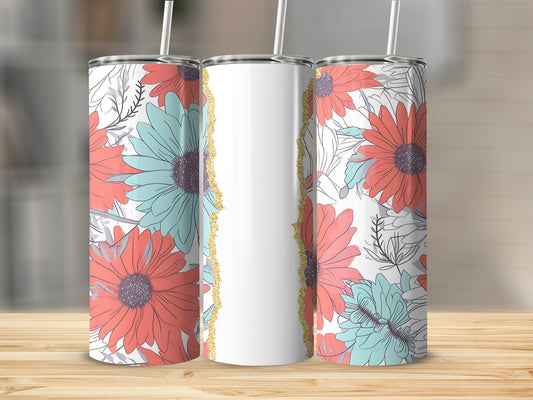 Three tumblers with coral and teal floral designs and gold glitter accents.
