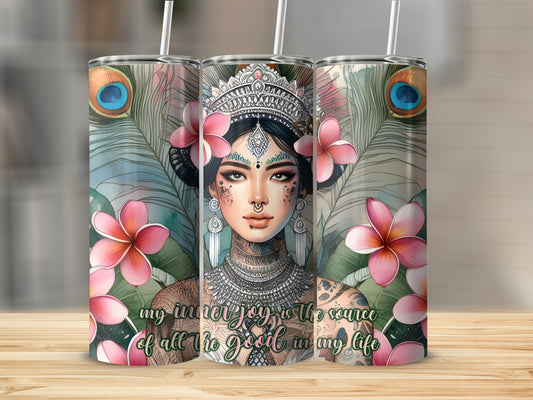 Woman with crown and flowers, "my inner joy is the source of all the good in my life" text.