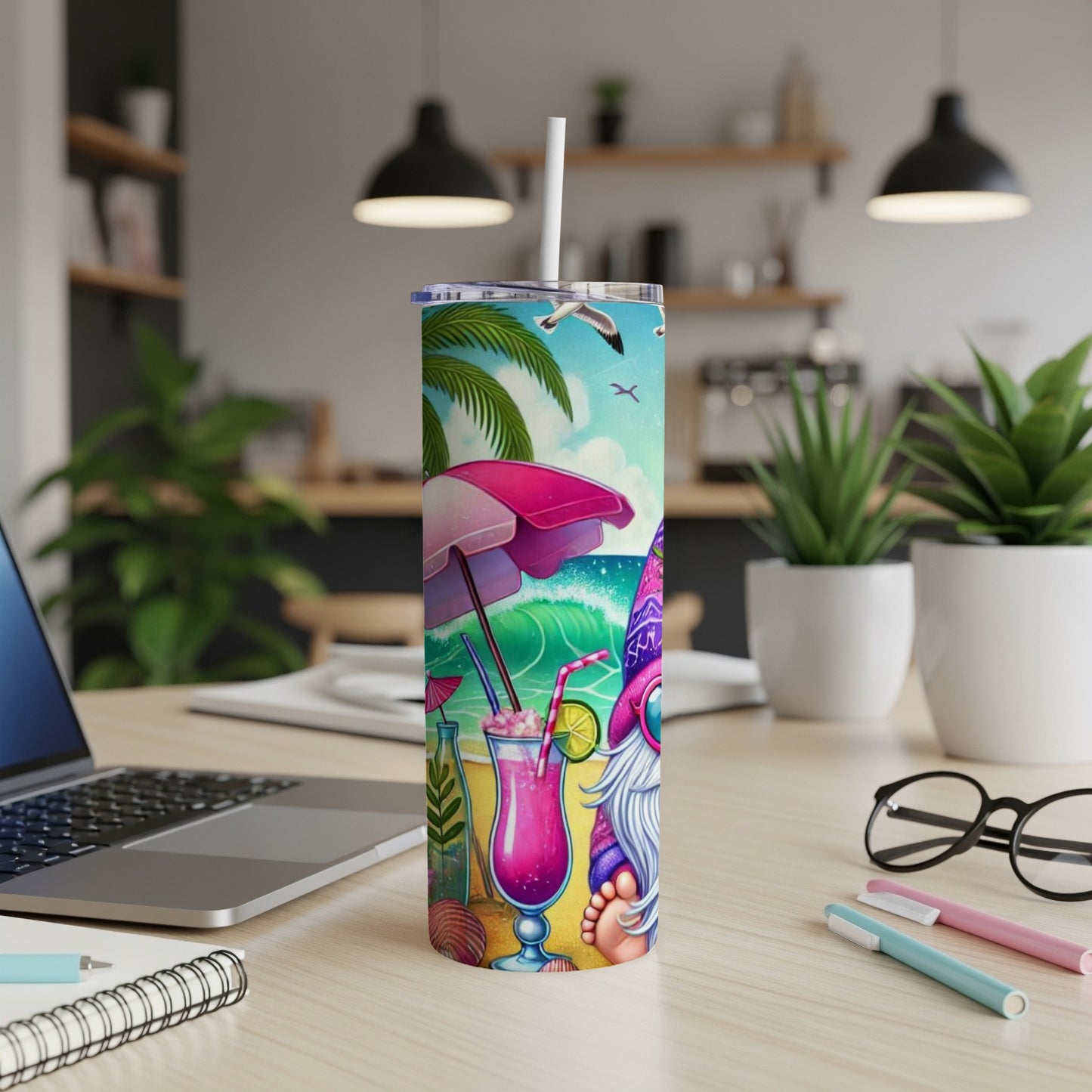 Gnome with pink hat holding a tropical drink on a beach with palm trees.
