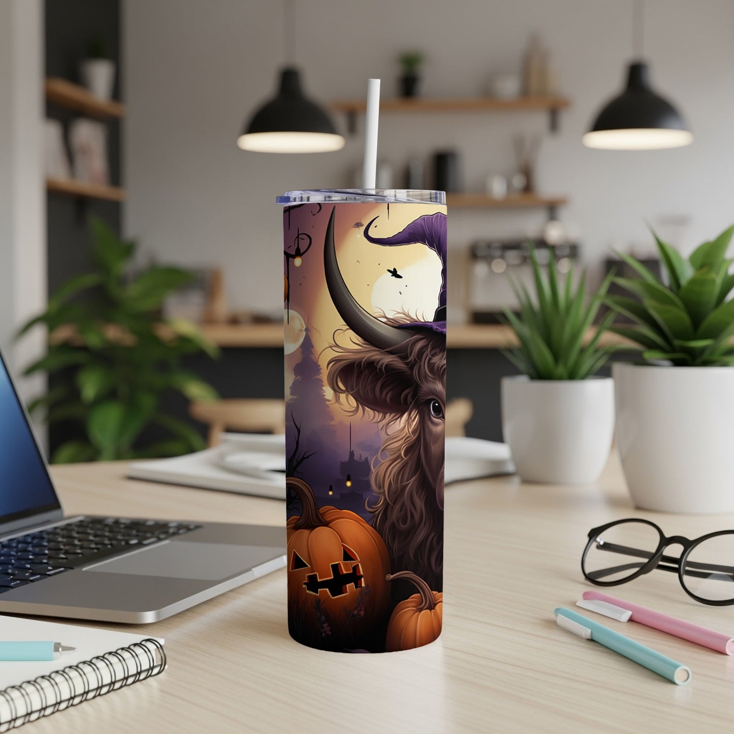 Halloween tumbler featuring a cow in a witch hat with pumpkins and a moon.