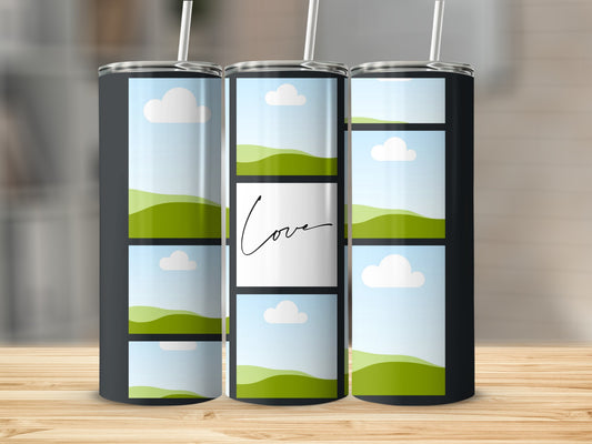 Three tumblers with a photo collage design of rolling green hills and clouds.