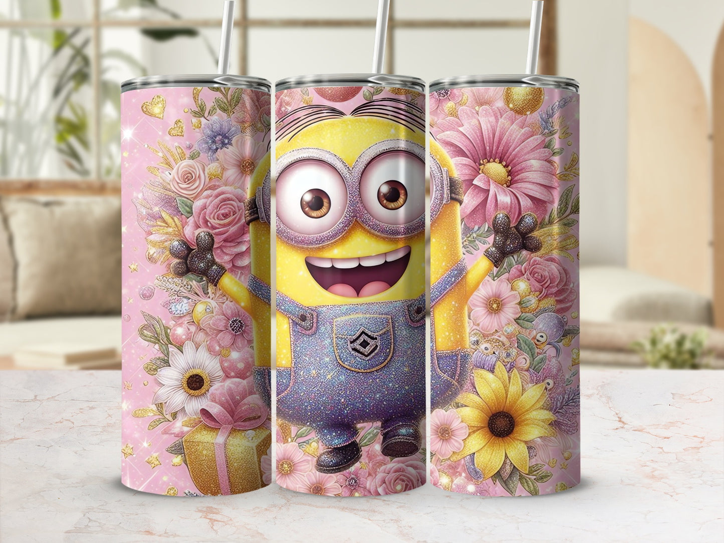 Joyful Character With Colorful Floral Pattern Tumbler