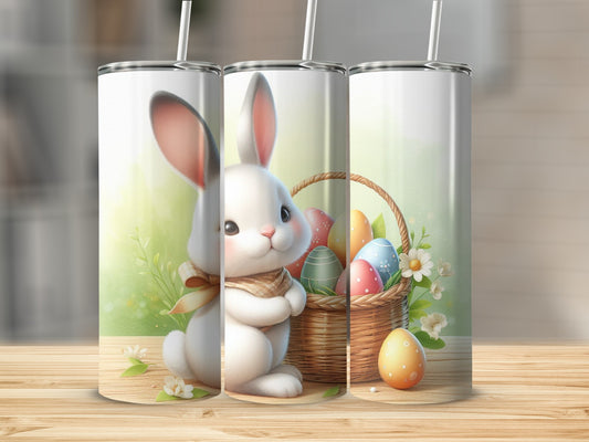Easter bunny with colorful eggs in a basket, on a wooden surface.
