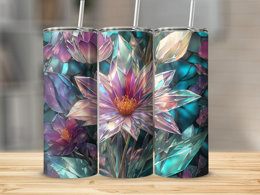 Three tumblers with iridescent crystal lotus flower designs.