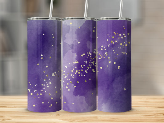 Three purple watercolor tumblers with gold glitter accents on a wooden surface.