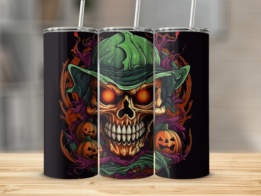 Halloween themed tumbler with a scary skull, pumpkins, and witch hat graphic.