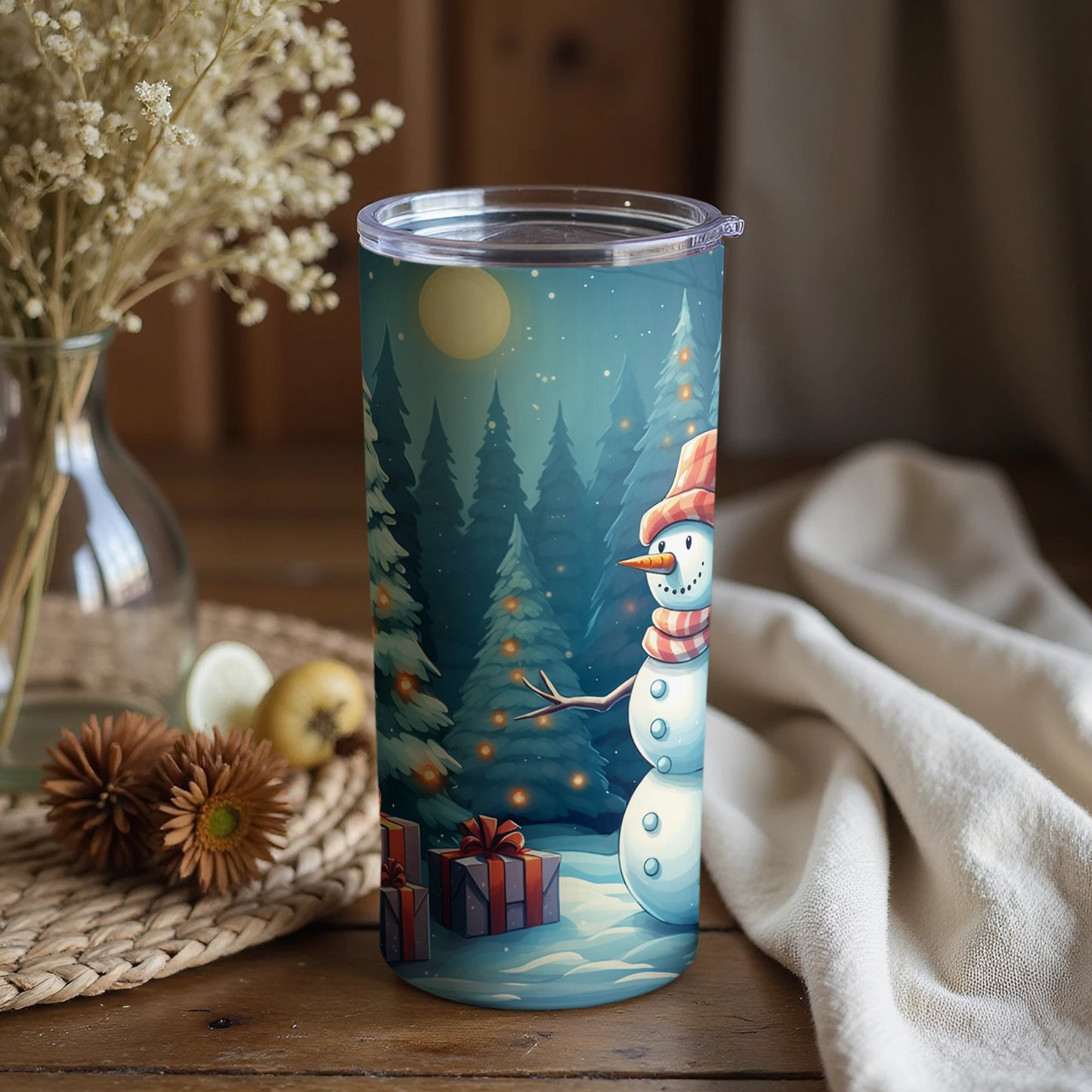 Festive Christmas Snowman with Gifts Scene Tumbler Cup