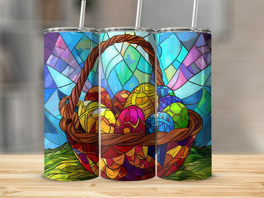 Stained glass Easter eggs in a woven basket with a green grass base.