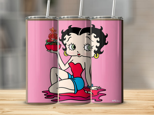 Betty Boop in red dress and blue shorts holding a bowl of food on pink background.