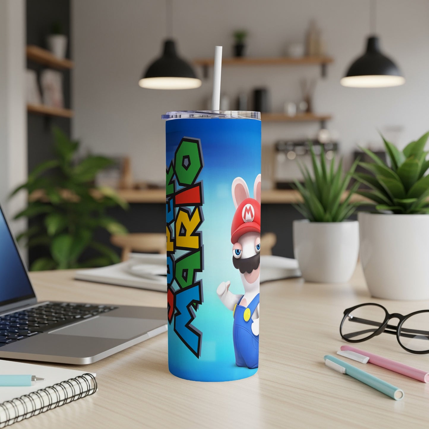Tall blue tumbler with Mario Rabbid character and "MARIO" text.