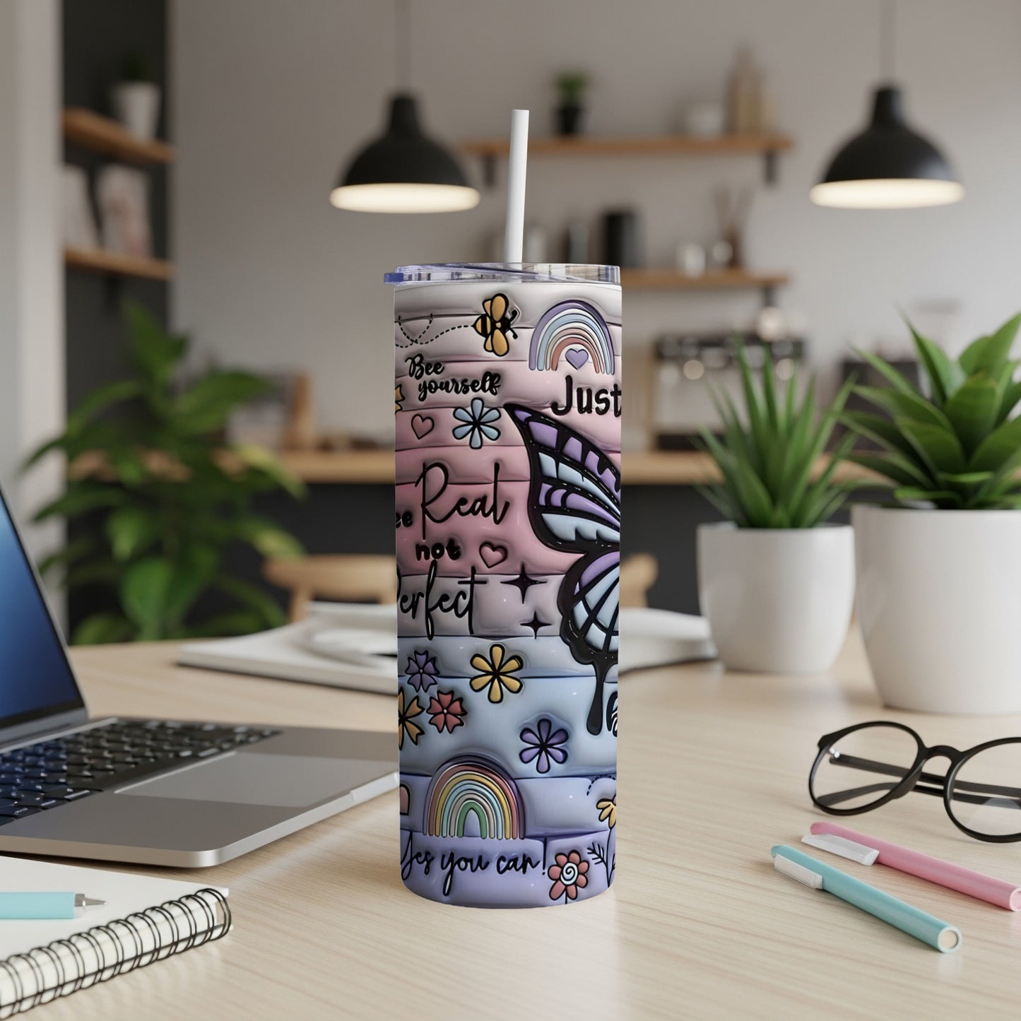 Tumbler with butterfly, rainbow, and text: "Bee yourself, Just be you"