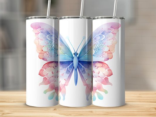 Three tumblers featuring a colorful, watercolor butterfly design.