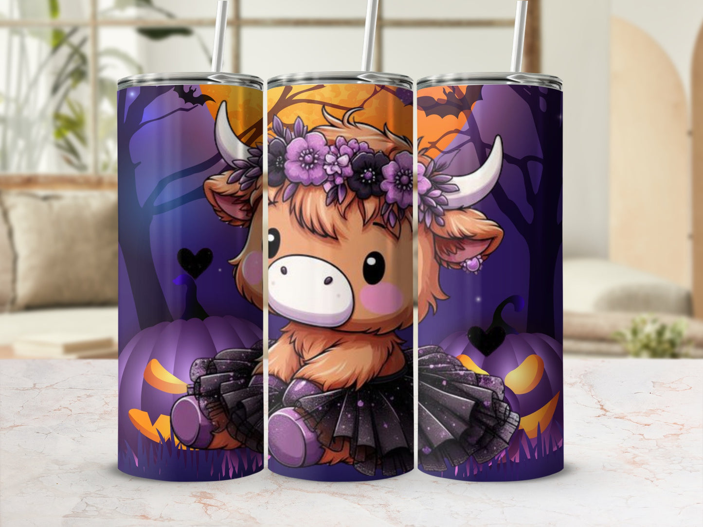 Adorable Halloween Cow with Pumpkins Tumbler
