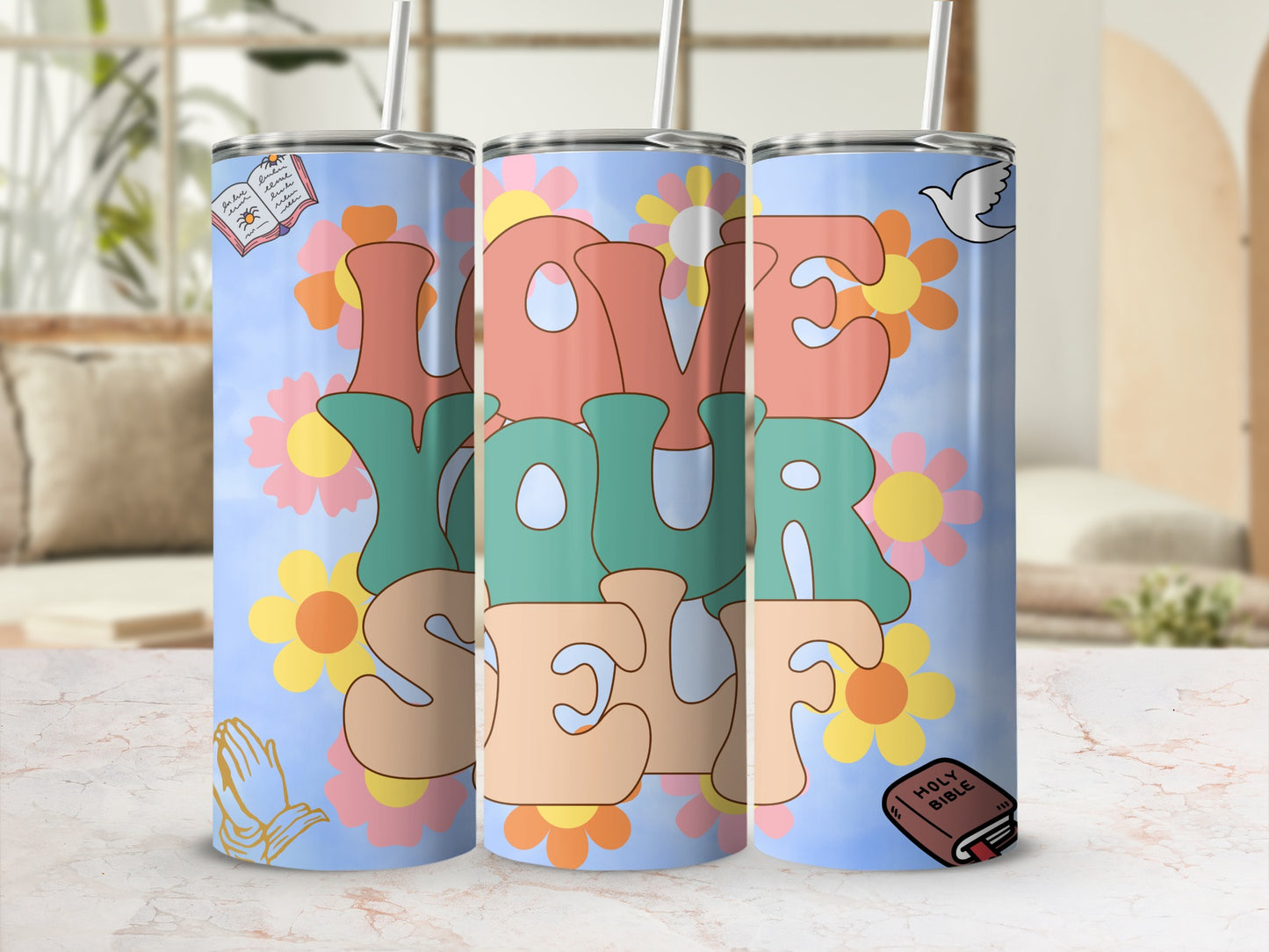 Love Yourself Colorful Floral Illustrations Tumbler