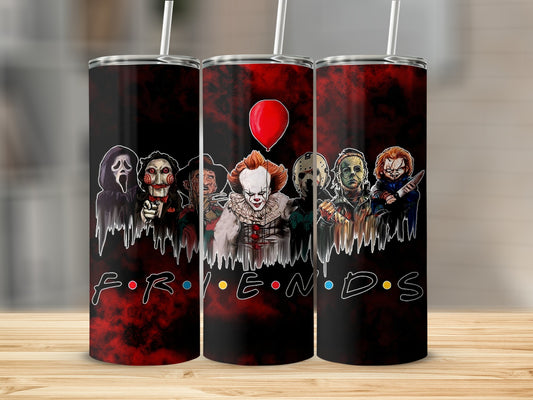 Horror characters and "FRIENDS" logo on three tumblers with red smoky background.