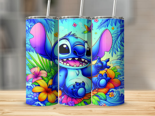 Cartoon Stitch character with colorful tropical flowers and leaves.