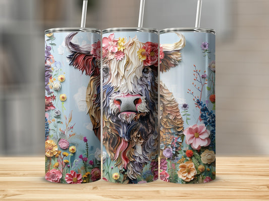 Three tall tumblers with a colorful Highland cow and floral art.