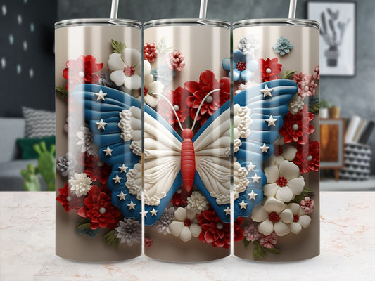 Tumbler with a butterfly design, featuring red, white, and blue stars and stripes.