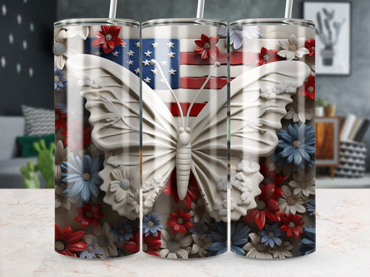 Butterfly, American flag, and floral pattern on a three-pack of tumblers.