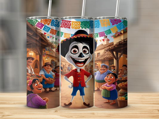 Héctor from Coco on a tumbler with colorful papel picado and market stalls.